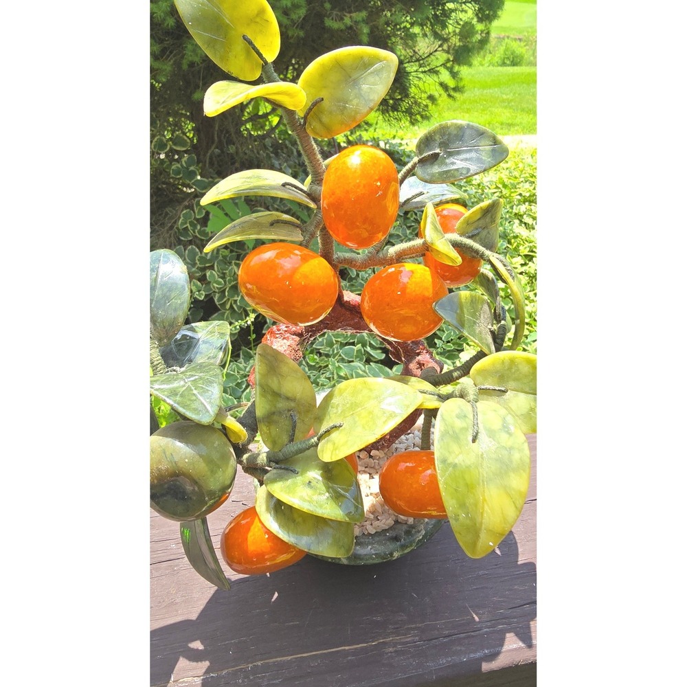 Vintage Chinese Glass Jade Agate Orange Persimmon Bonsai Tree Carved Pot - Picture 6 of 9
